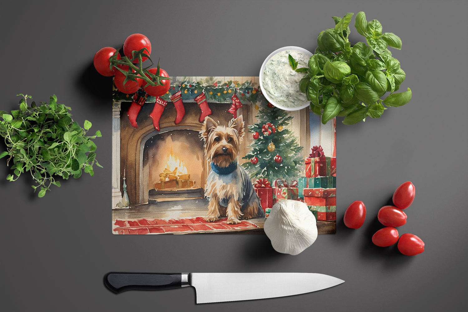 Silky Terrier Cozy Christmas Glass Cutting Board Large