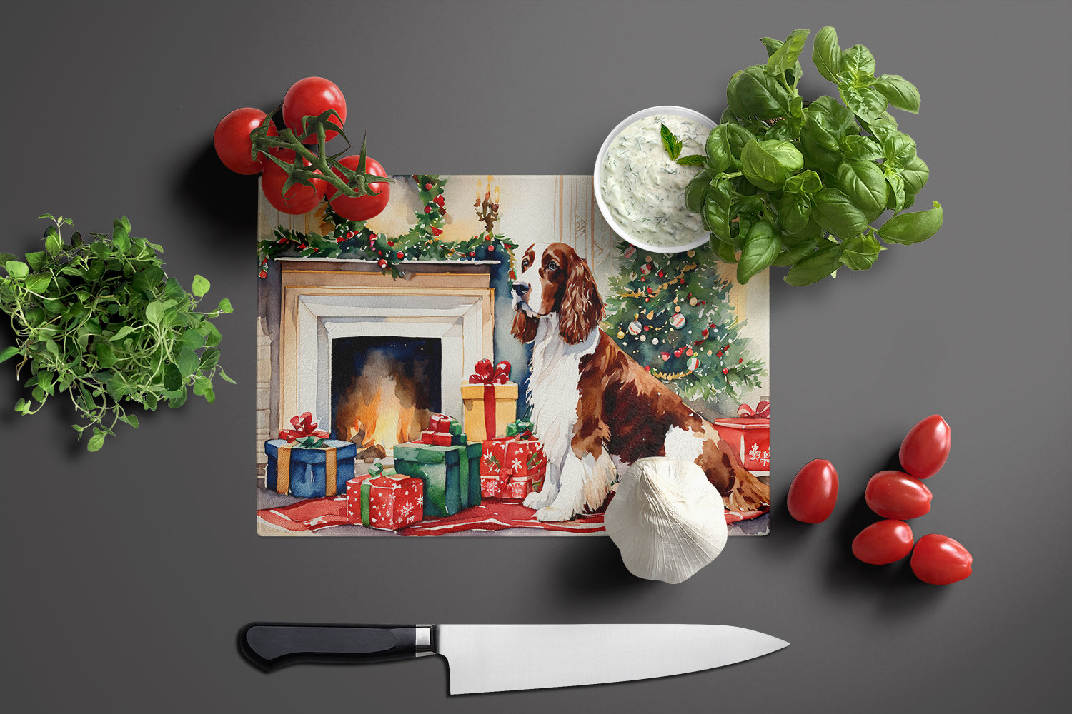 Welsh Springer Spaniel Cozy Christmas Glass Cutting Board Large