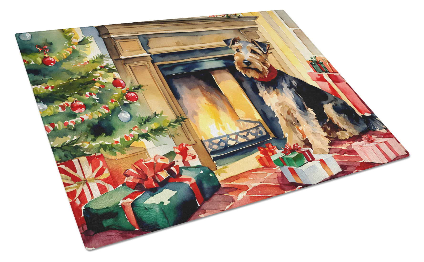 Buy this Welsh Terrier Cozy Christmas Glass Cutting Board Large