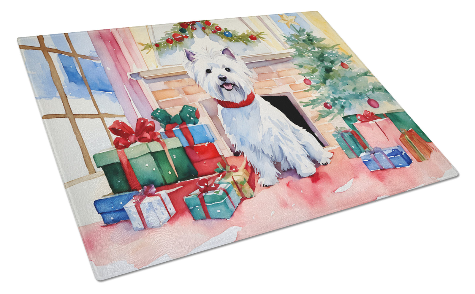 Buy this Westie Cozy Christmas Glass Cutting Board Large