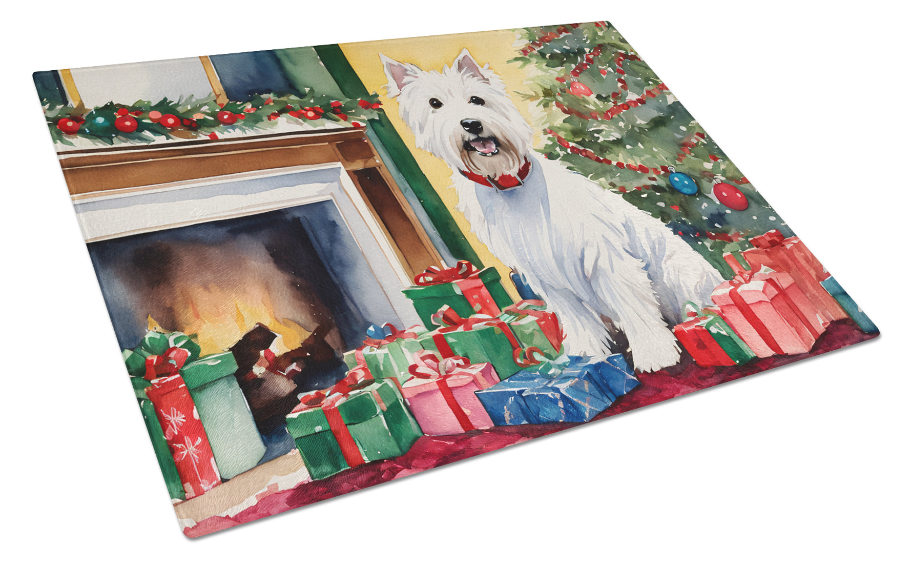 Buy this Westie Cozy Christmas Glass Cutting Board Large
