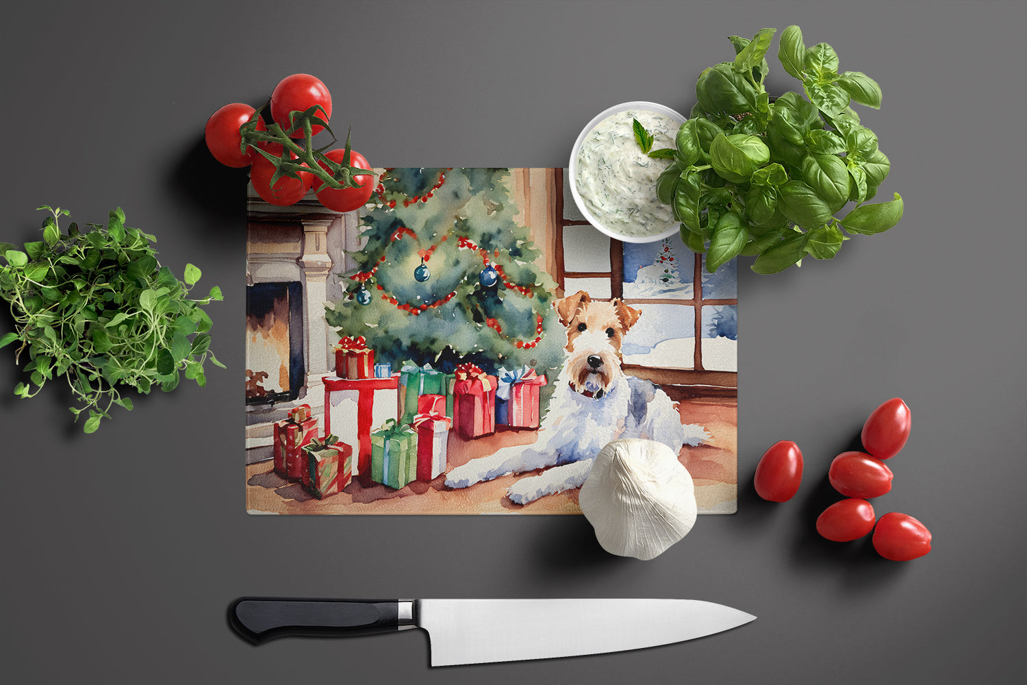 Fox Terrier Cozy Christmas Glass Cutting Board Large