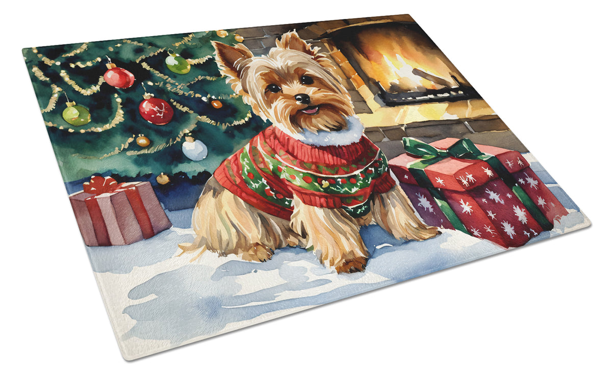 Buy this Yorkshire Terrier Cozy Christmas Glass Cutting Board Large