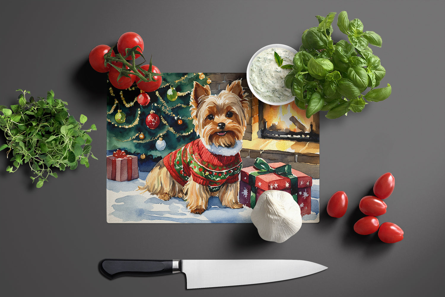 Yorkshire Terrier Cozy Christmas Glass Cutting Board Large