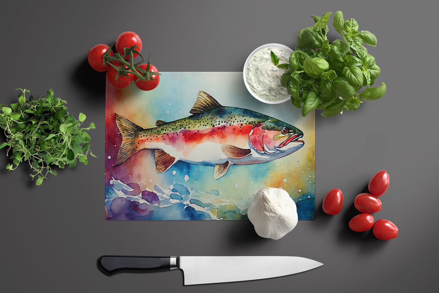 Rainbow Trout Glass Cutting Board Large