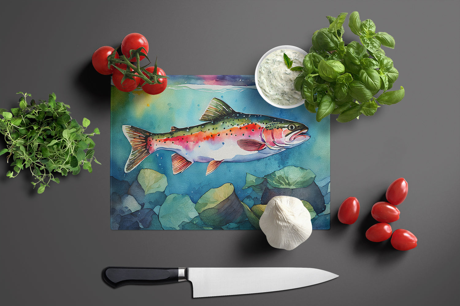 Rainbow Trout Glass Cutting Board Large