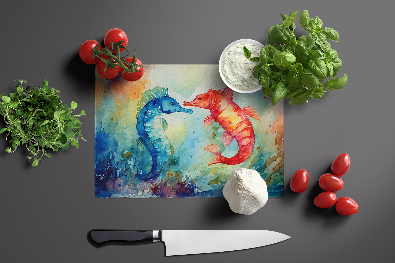 Seahorses Glass Cutting Board Large