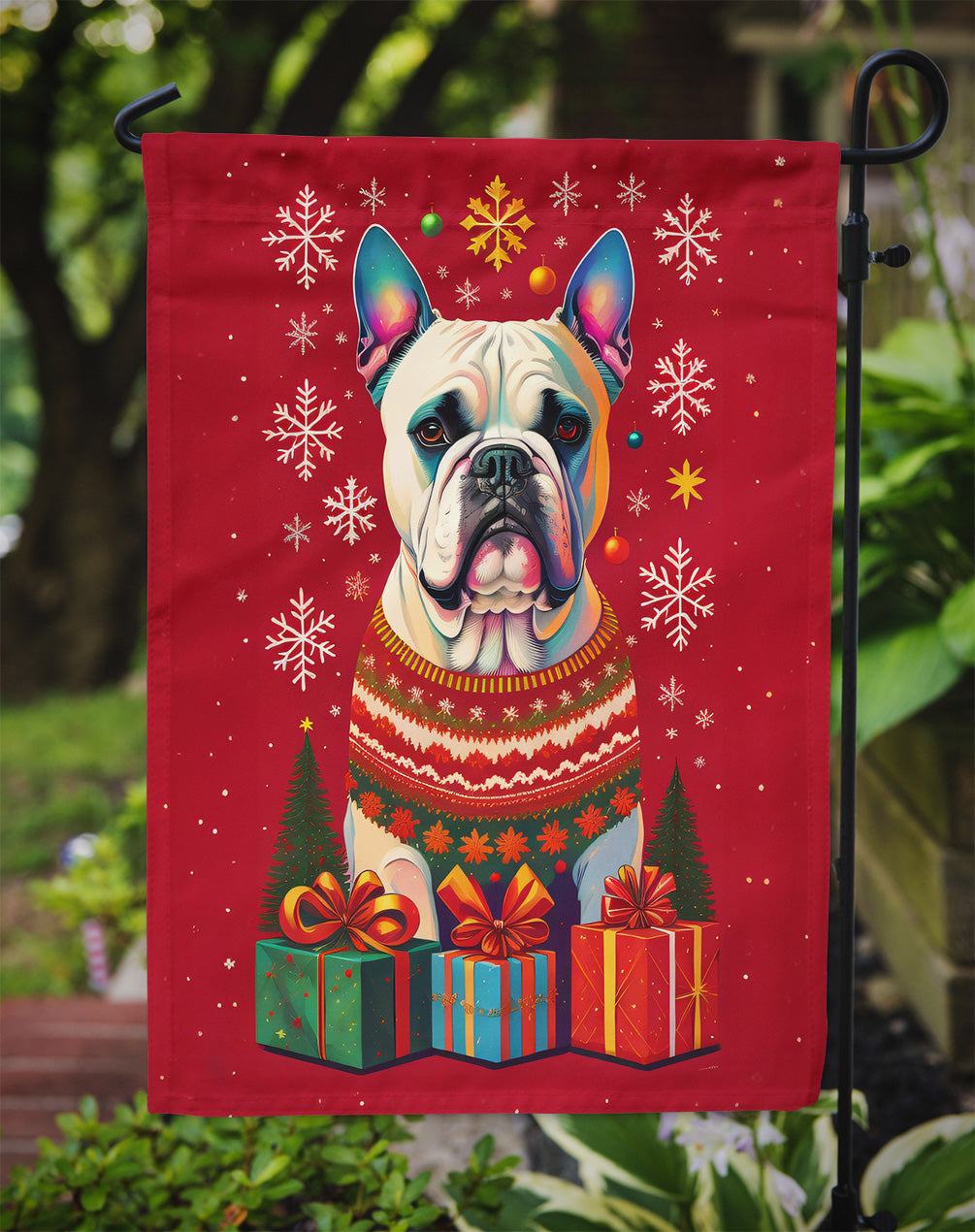 White Boxer Cropped Ears Holiday Christmas Garden Flag