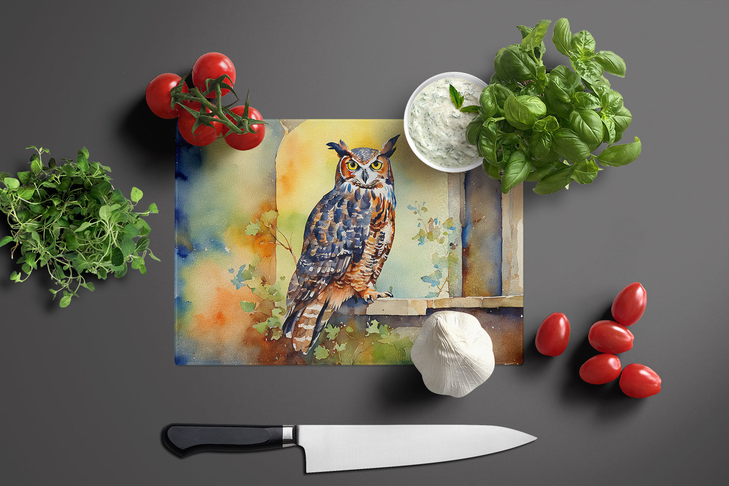 Great Horned Owl Glass Cutting Board
