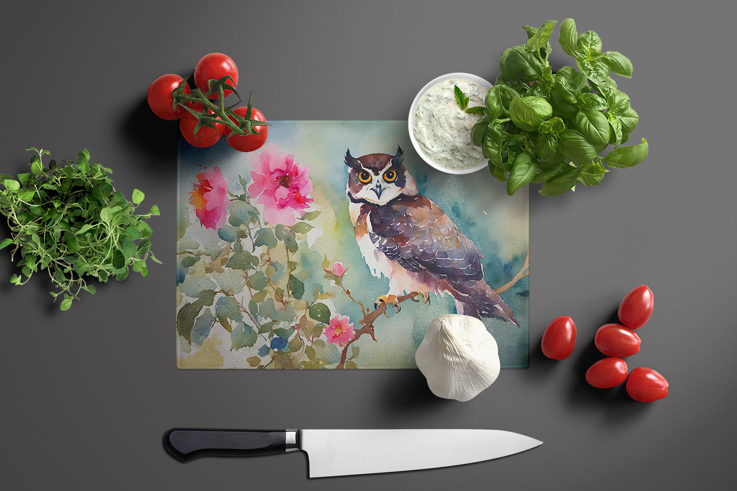 Spectacled Owl Glass Cutting Board