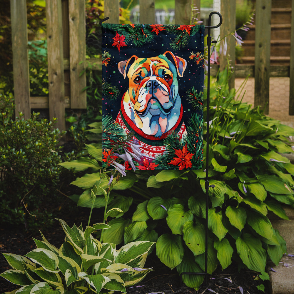 Caroline's Treasures English Bulldog Christmas Garden Flag – Cozy Dog Holiday Decor with Tree & Presents