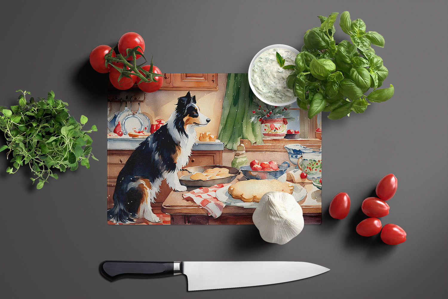 Border Collie Christmas Cookies Glass Cutting Board