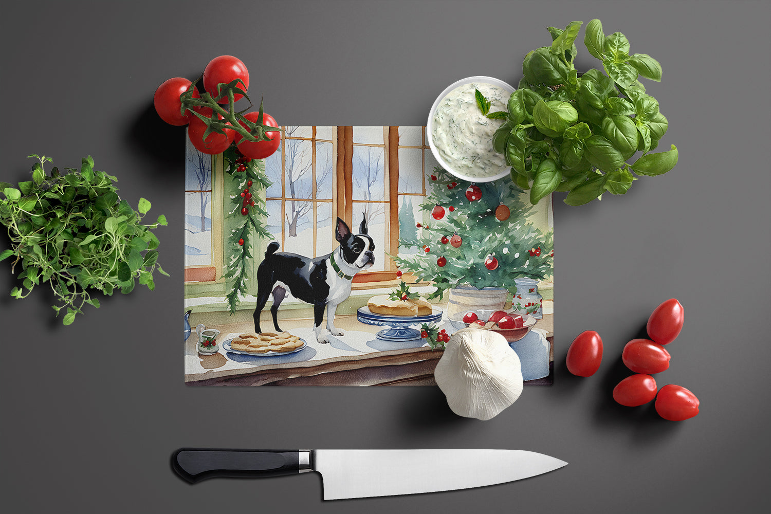 Boston Terrier Christmas Cookies Glass Cutting Board