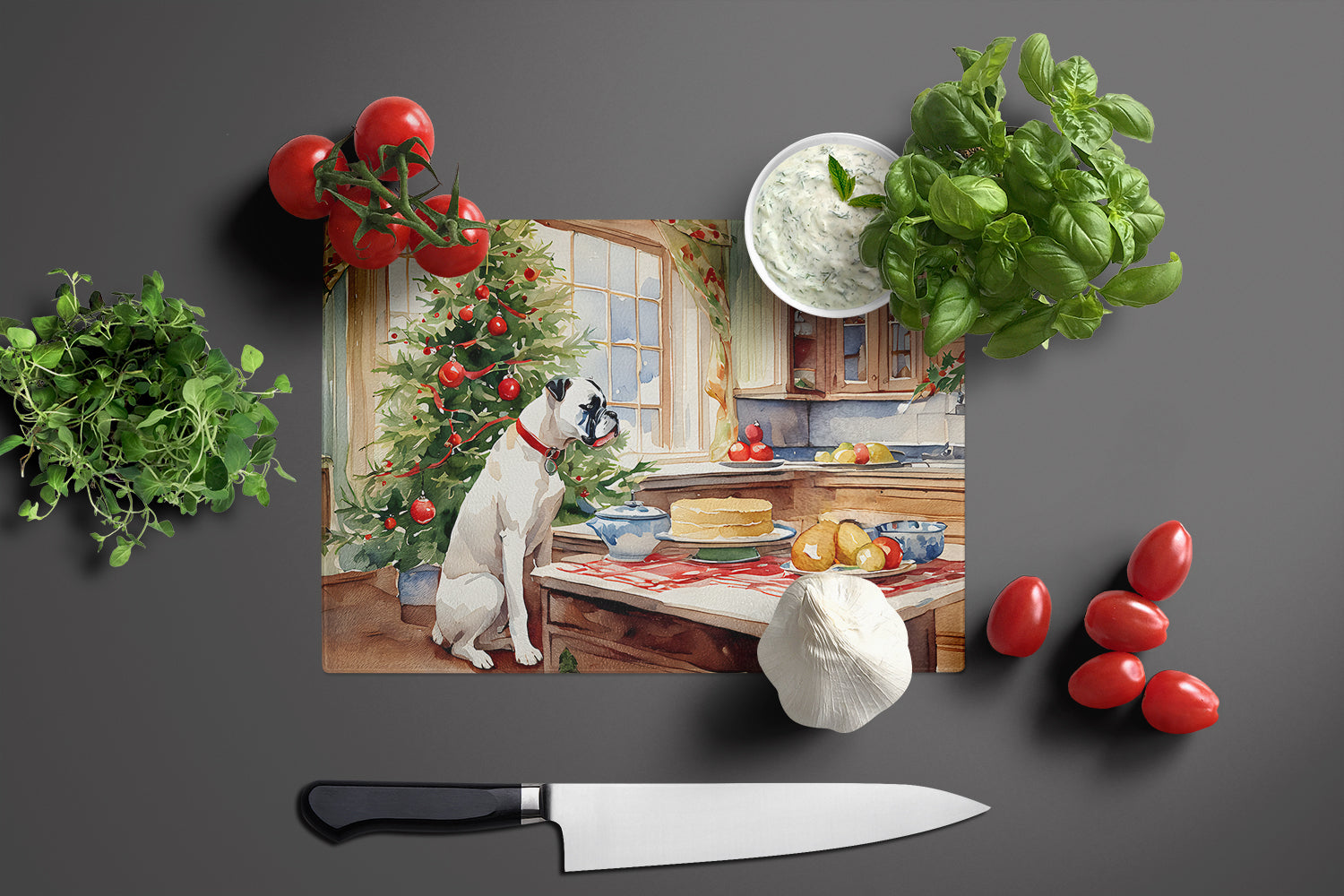 White Boxer Christmas Cookies Glass Cutting Board