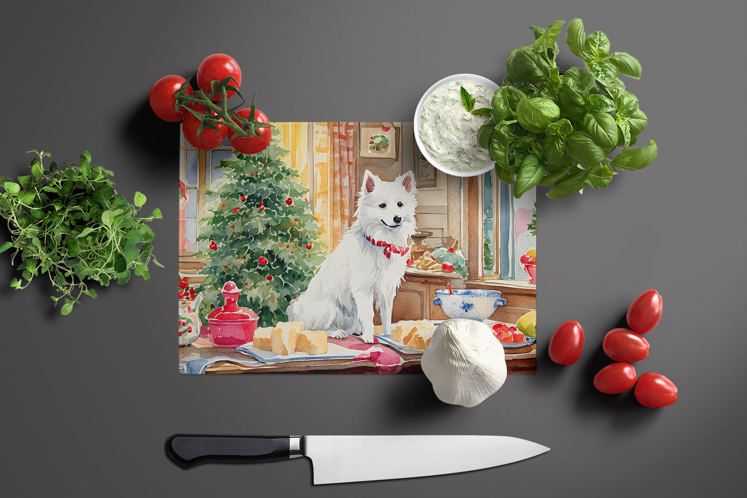 Japanese Spitz Christmas Cookies Glass Cutting Board