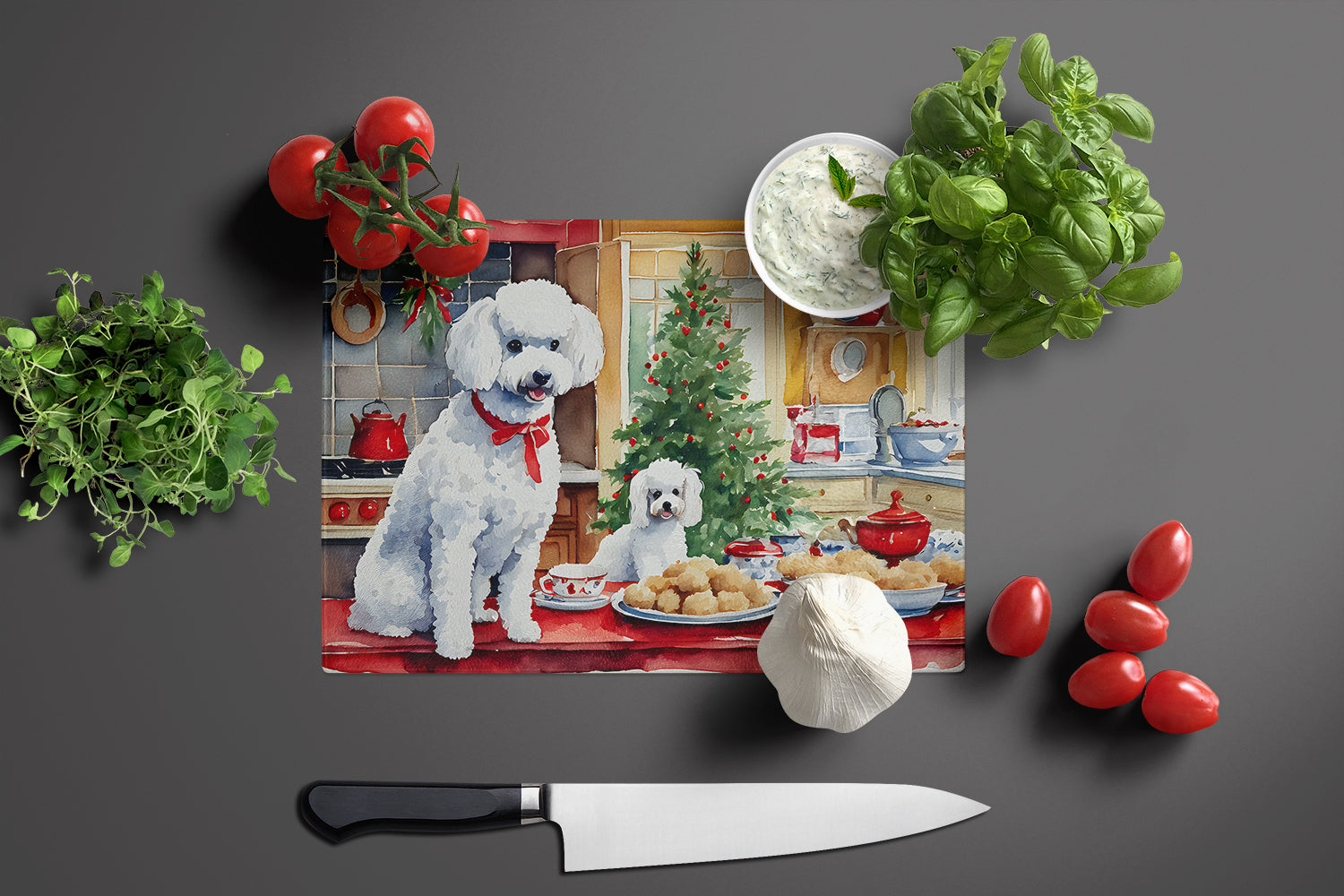 Poodle Christmas Cookies Glass Cutting Board