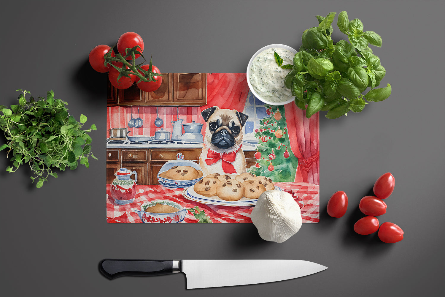 Pug Christmas Cookies Glass Cutting Board
