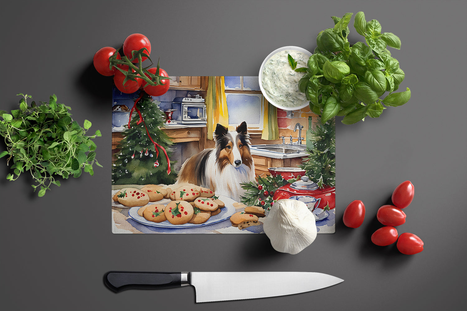 Sheltie Christmas Cookies Glass Cutting Board