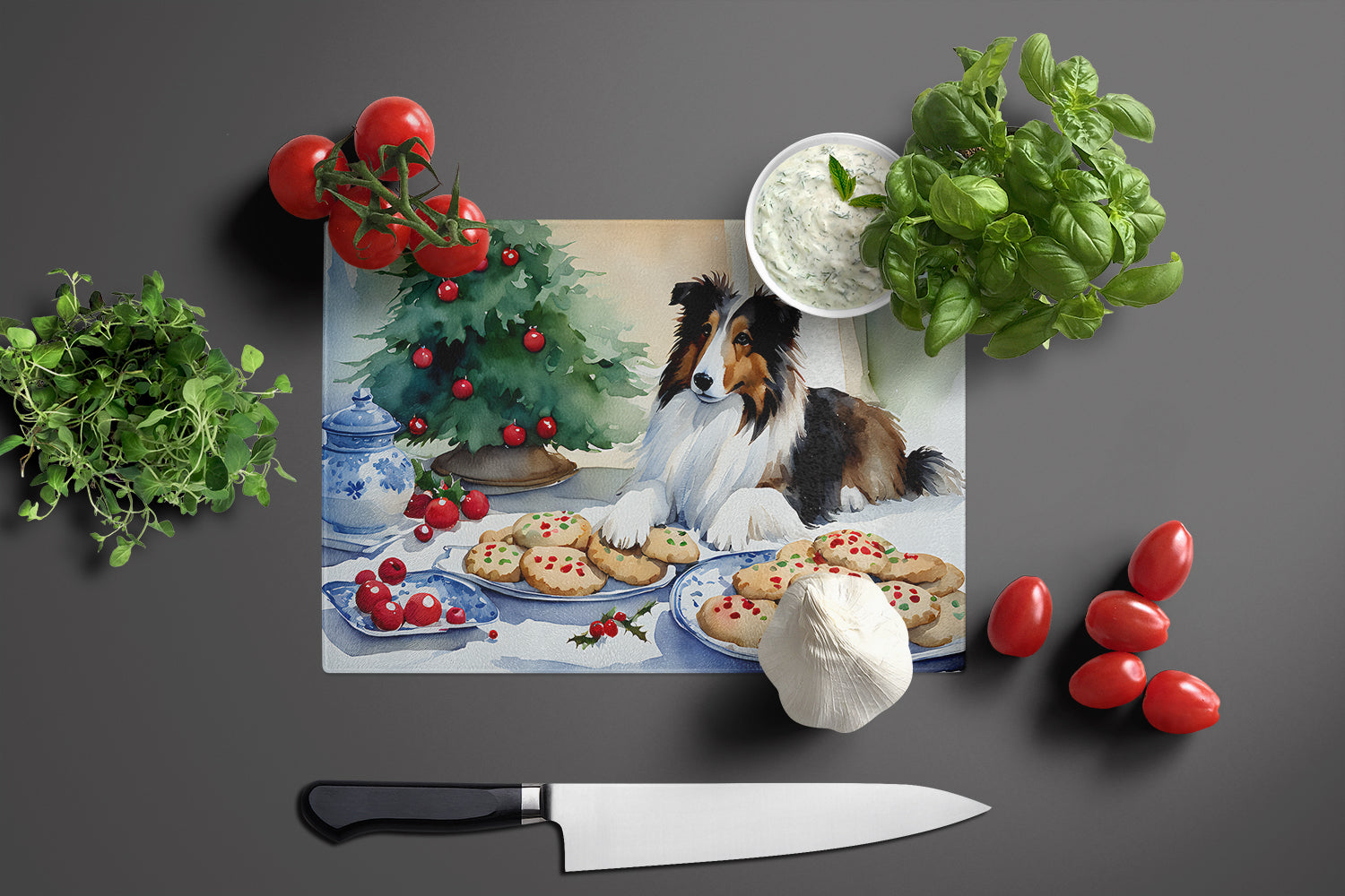 Sheltie Christmas Cookies Glass Cutting Board
