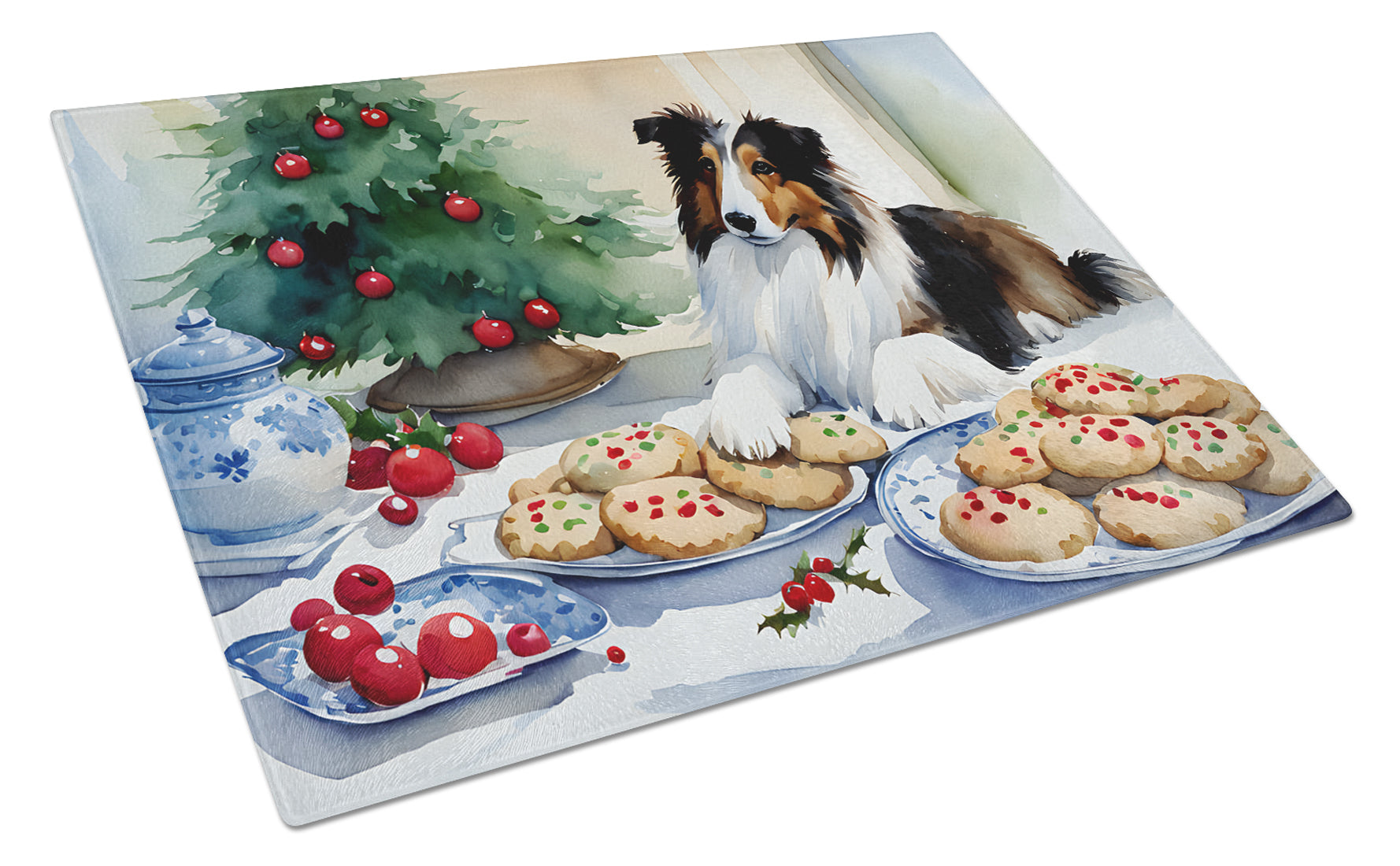 Buy this Sheltie Christmas Cookies Glass Cutting Board