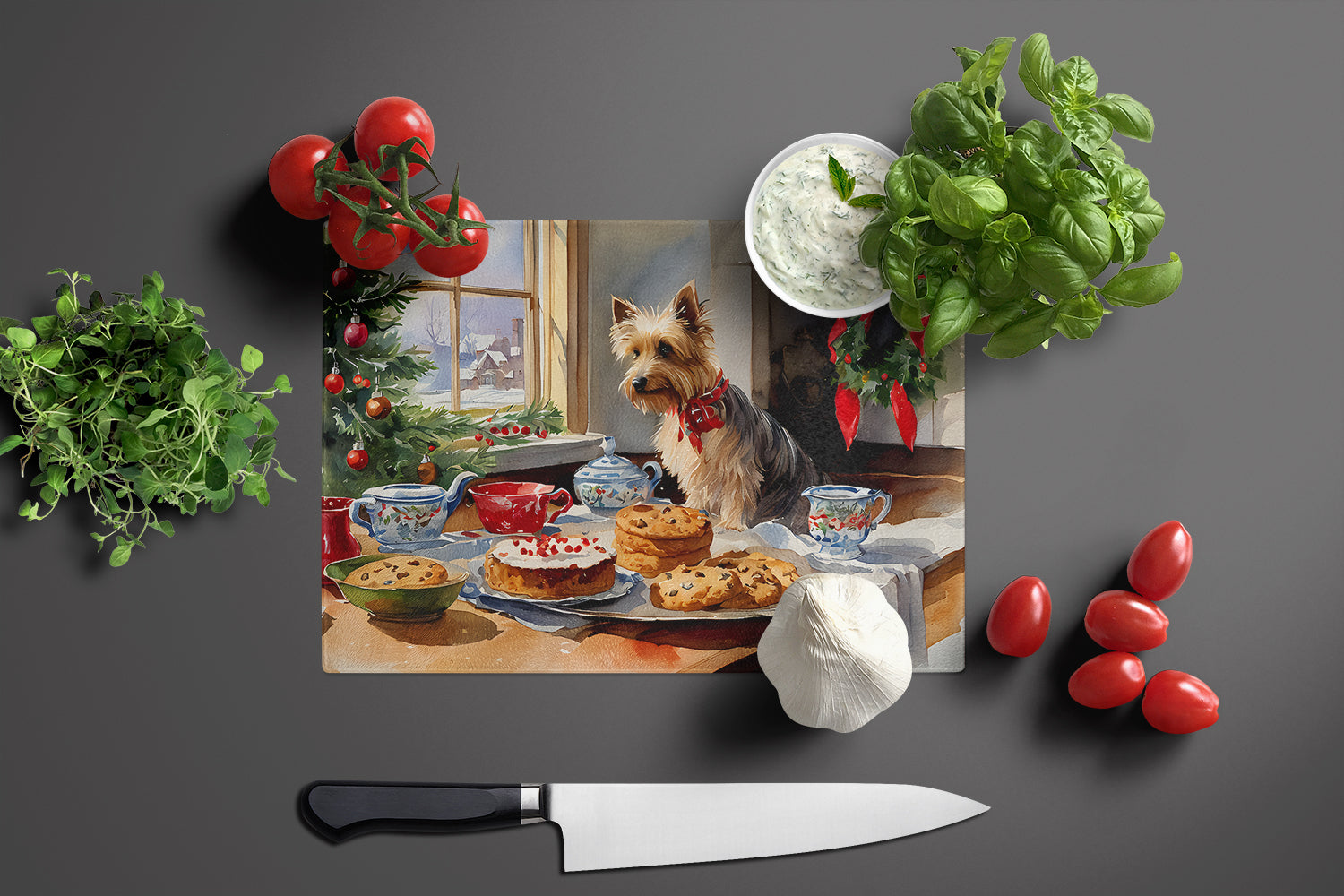 Silky Terrier Christmas Cookies Glass Cutting Board