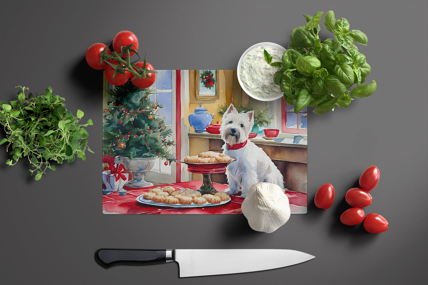 Westie Christmas Cookies Glass Cutting Board