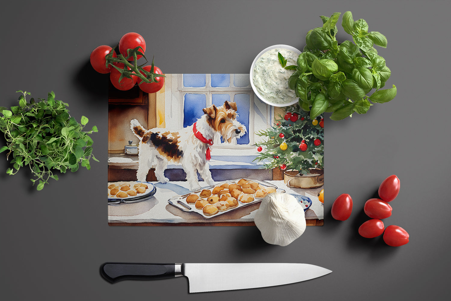 Wire Fox Terrier Christmas Cookies Glass Cutting Board
