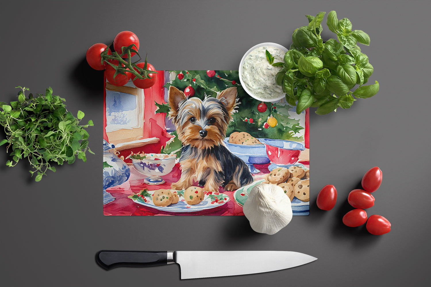 Yorkshire Terrier Yorkie Christmas Cookies Glass Cutting Board
