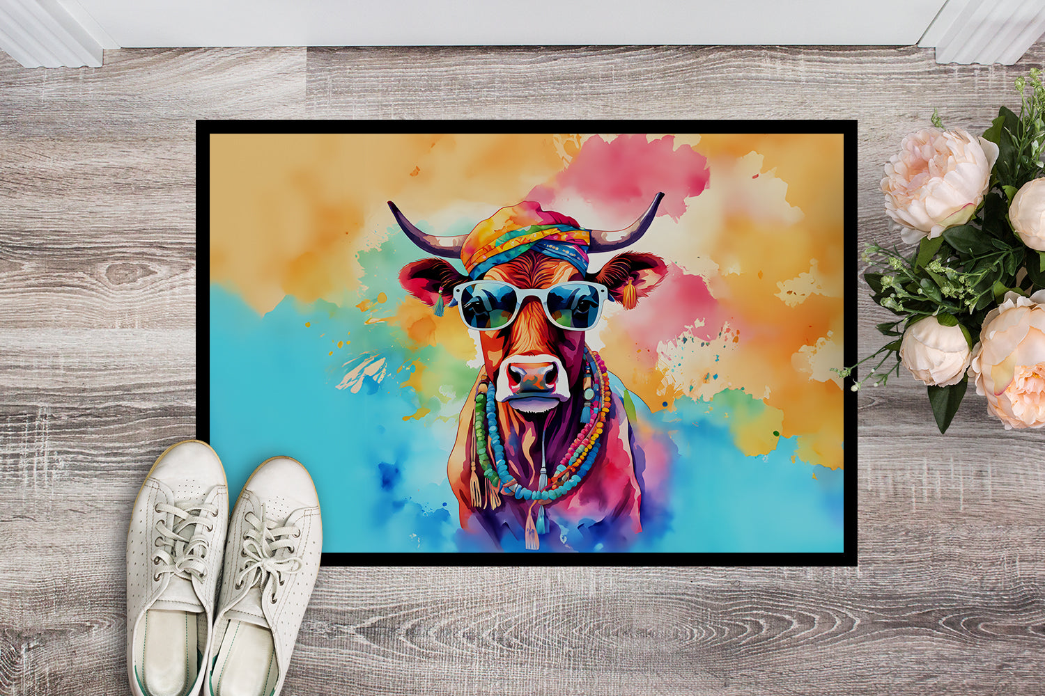 Caroline's Treasures Hippie Animal Cow Doormat - 18X27 Indoor / Outdoor Rug | Made in USA