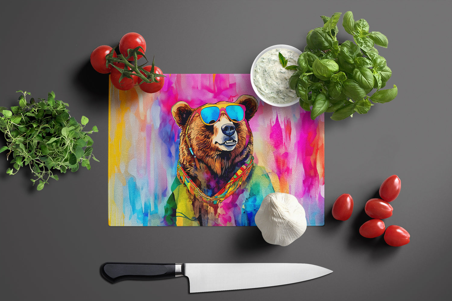 Hippie Animal Grizzly Bear Glass Cutting Board