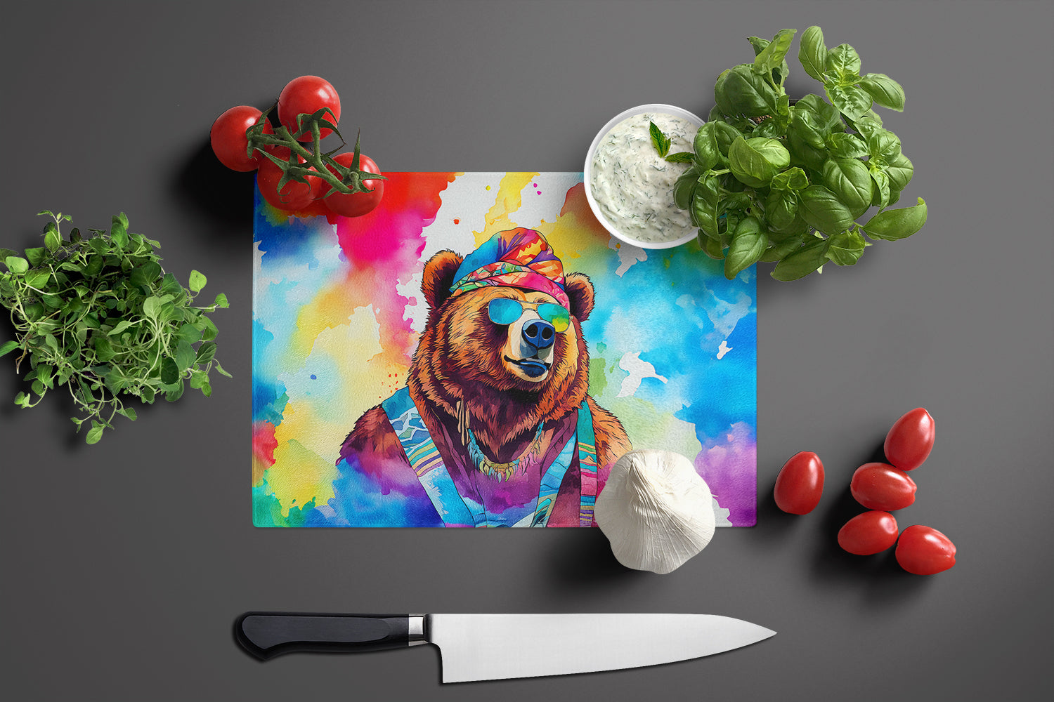 Hippie Animal Grizzly Bear Glass Cutting Board