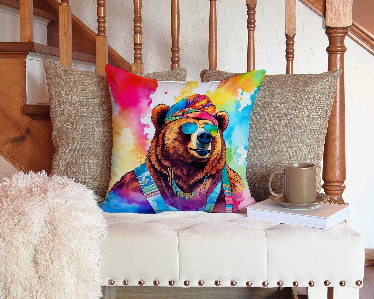 Hippie Animal Grizzly Bear Throw Pillow