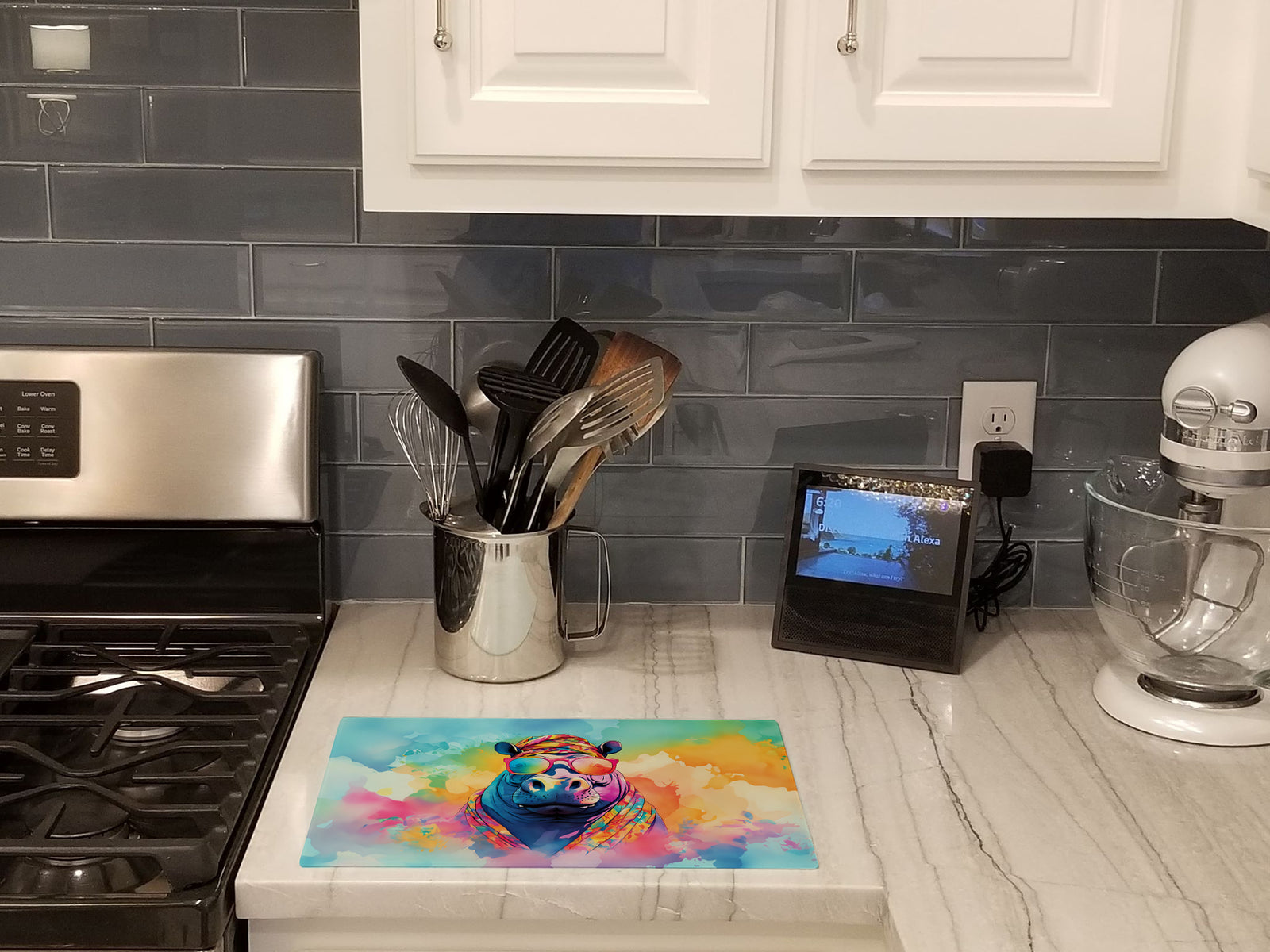 Caroline's Treasures Hippie Animal Hippopotamus Glass Cutting Boards – Durable, Decorative Kitchen Art