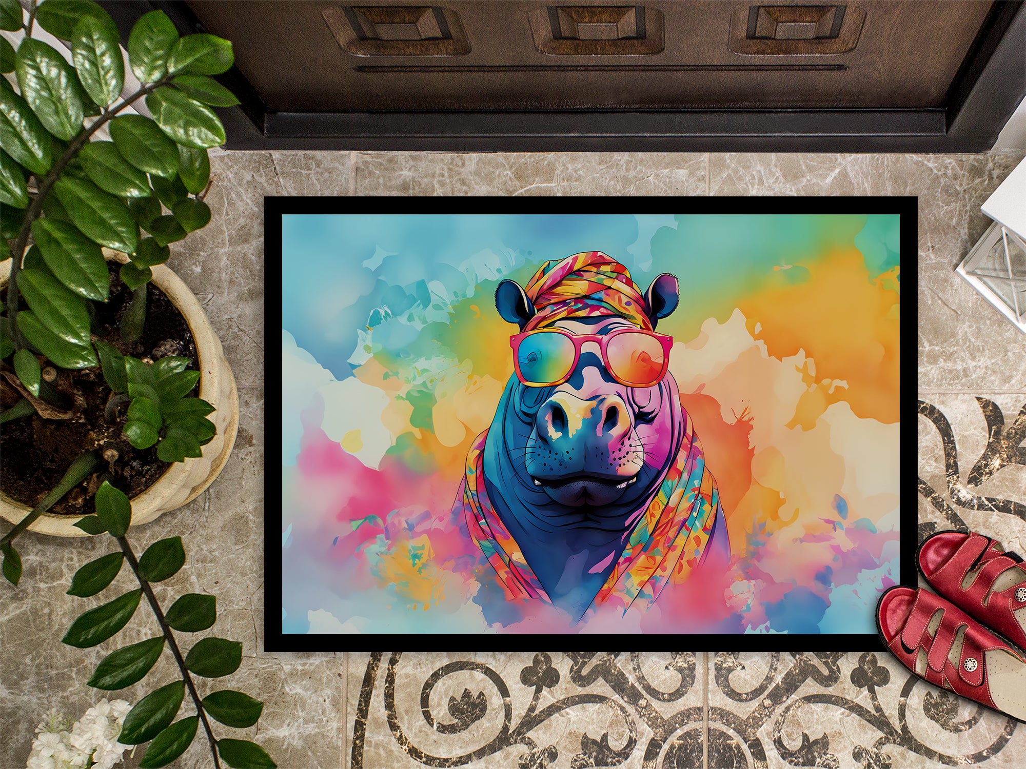 Caroline's Treasures Hippie Animal Hippopotamus Doormat - 18X27 Indoor / Outdoor Rug | Made in USA