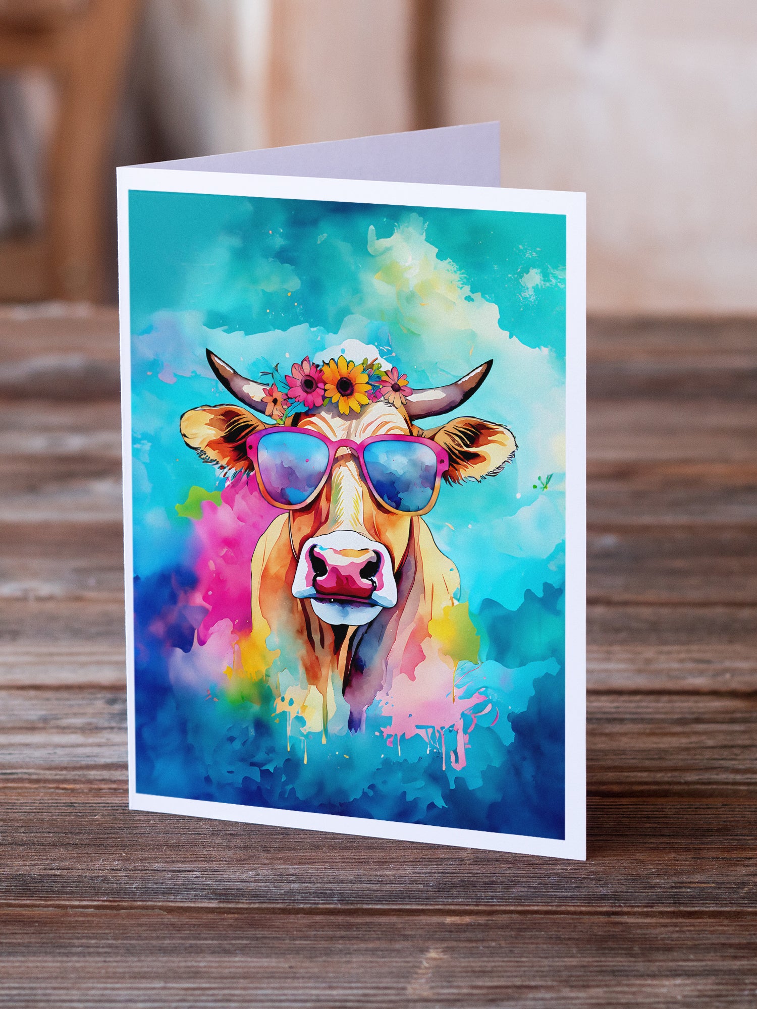 Buy this Hippie Animal Malvi Cow Greeting Cards Pack of 8