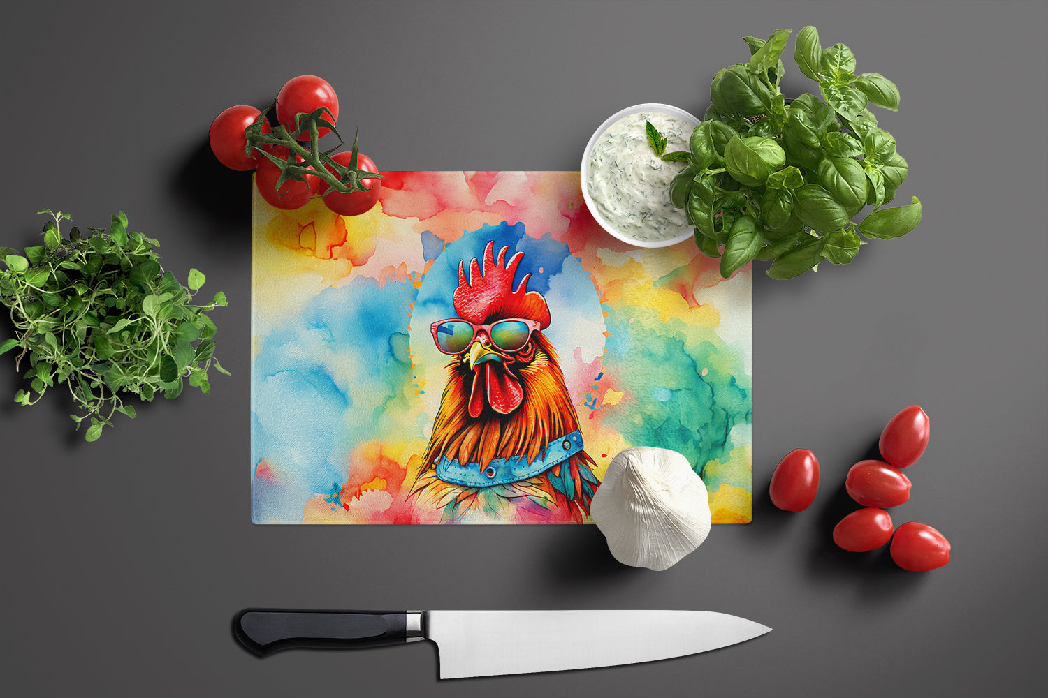Hippie Animal Red Rooster Glass Cutting Board