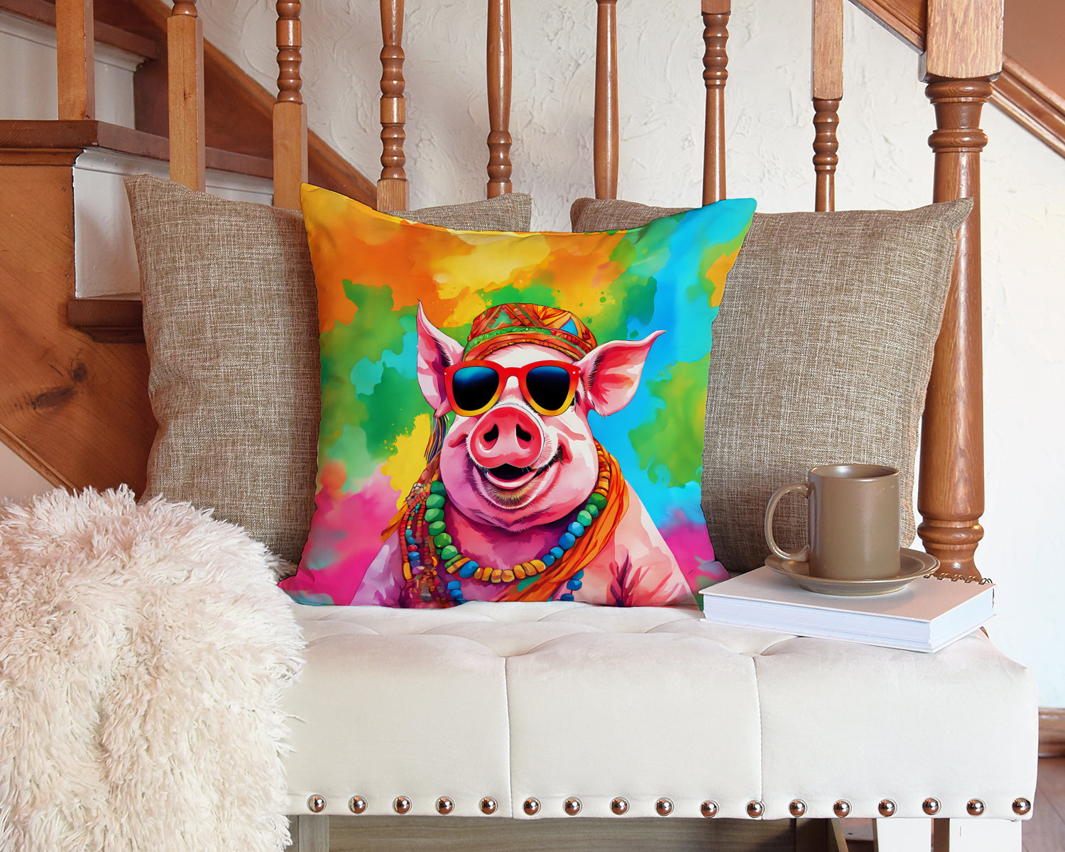 Hippie Animal Pig Throw Pillow