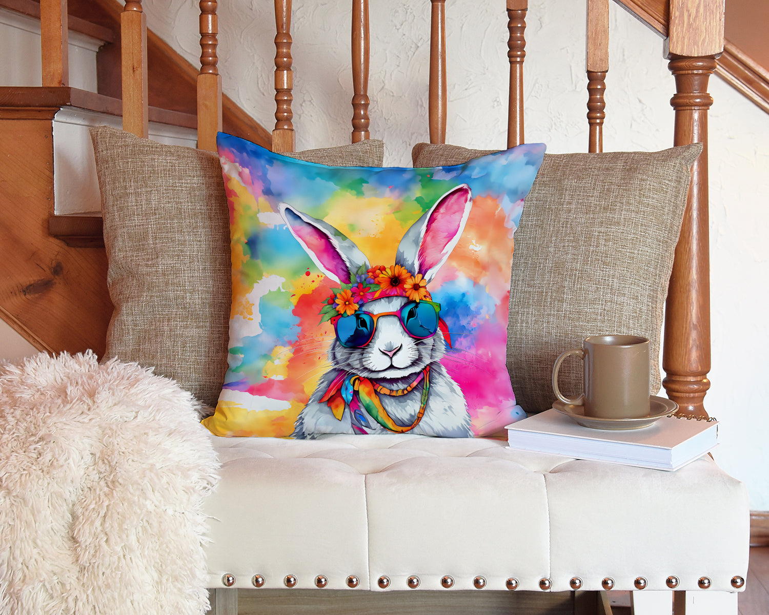 Hippie Animal Rabbit Throw Pillow