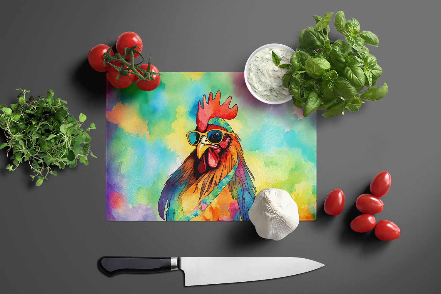 Hippie Animal Rooster Glass Cutting Board