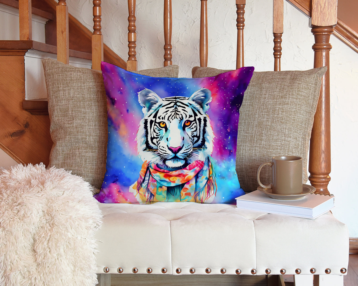 Hippie Animal White Tiger Throw Pillow
