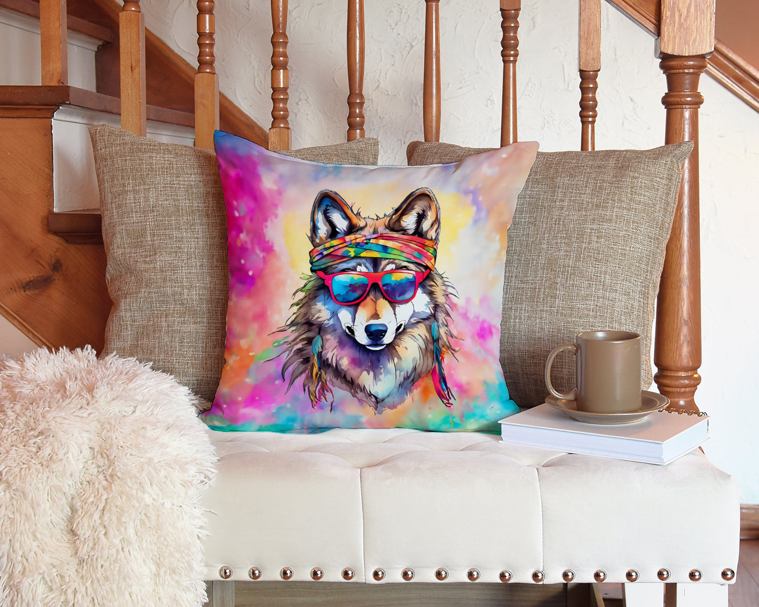 Hippie Animal Wolf Throw Pillow