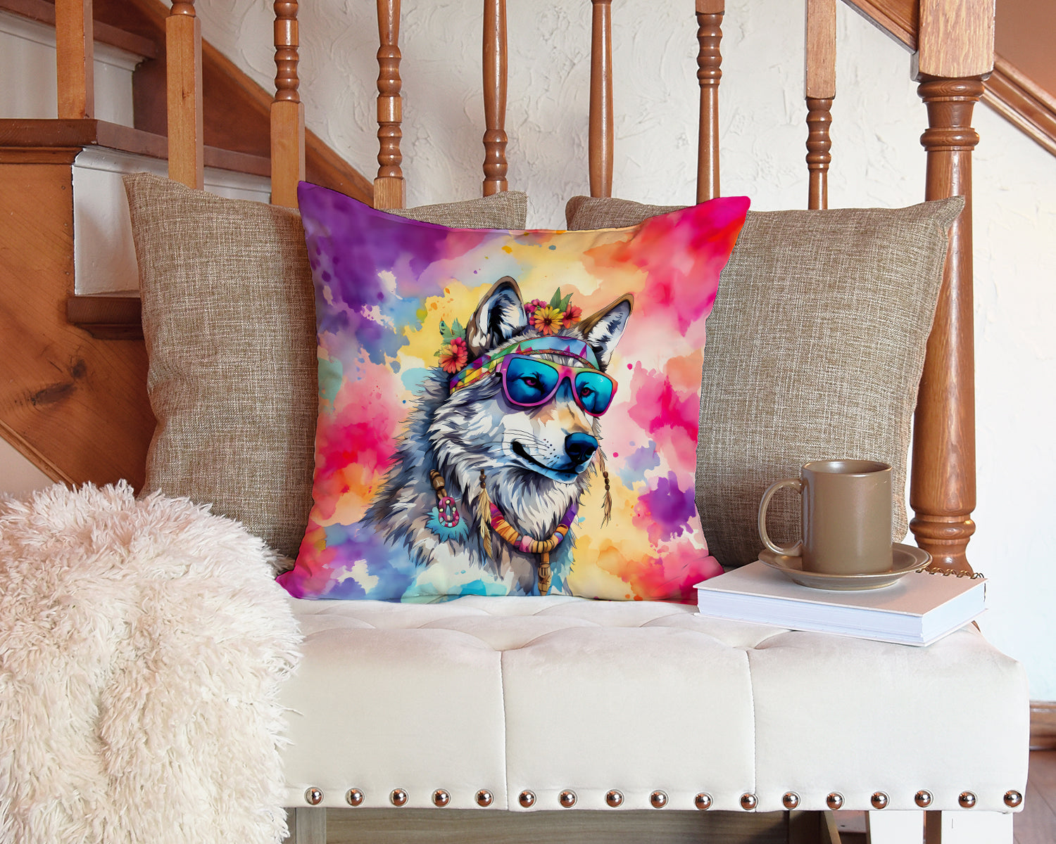 Hippie Animal Wolf Throw Pillow