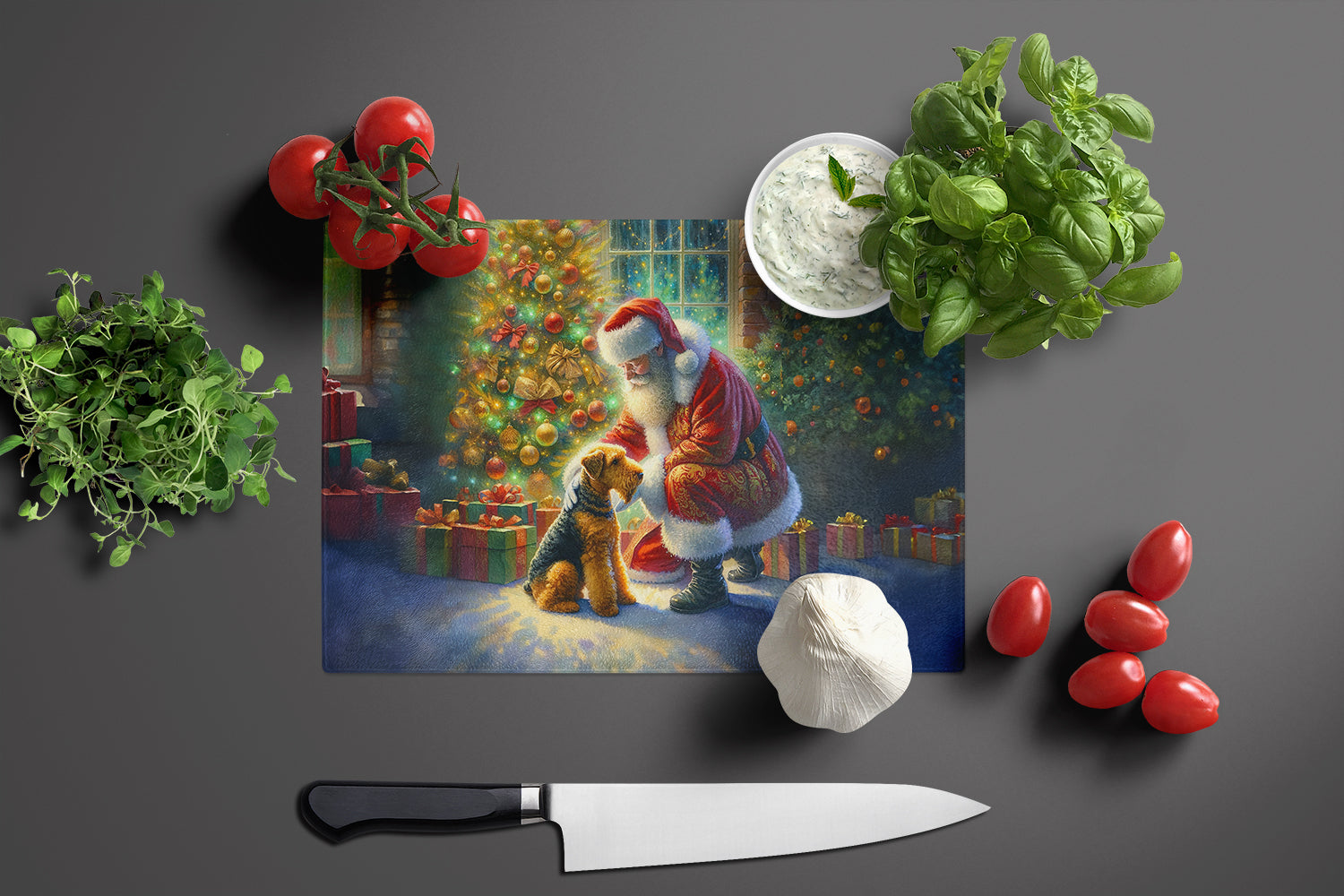 Airedale Terrier and Santa Claus Glass Cutting Board