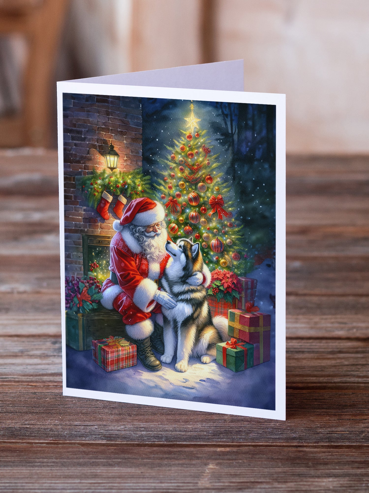 Alaskan Malamute and Santa Claus Greeting Cards Pack of 8