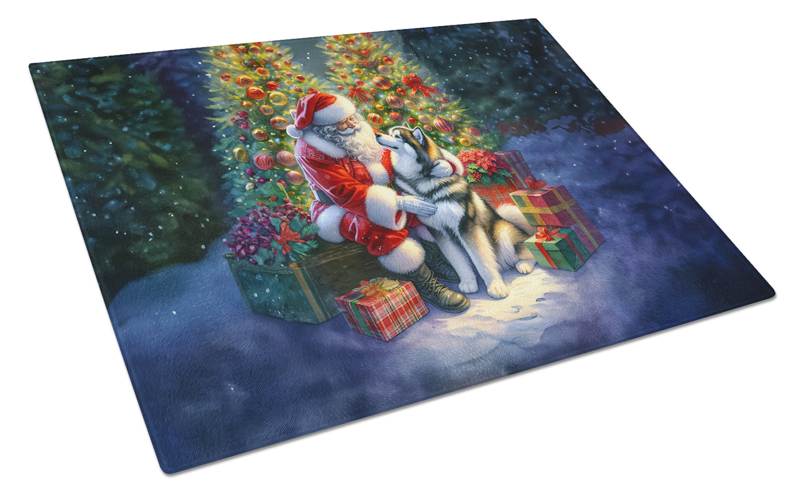 Buy this Alaskan Malamute and Santa Claus Glass Cutting Board
