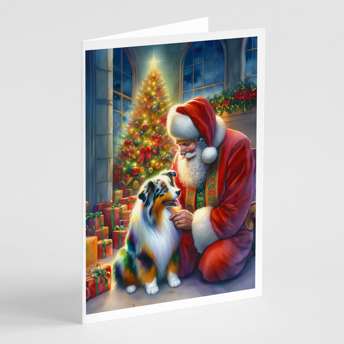 Buy this Australian Shepherd and Santa Claus Greeting Cards Pack of 8