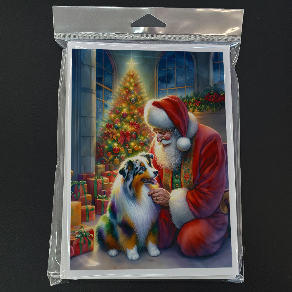 Australian Shepherd and Santa Claus Greeting Cards Pack of 8