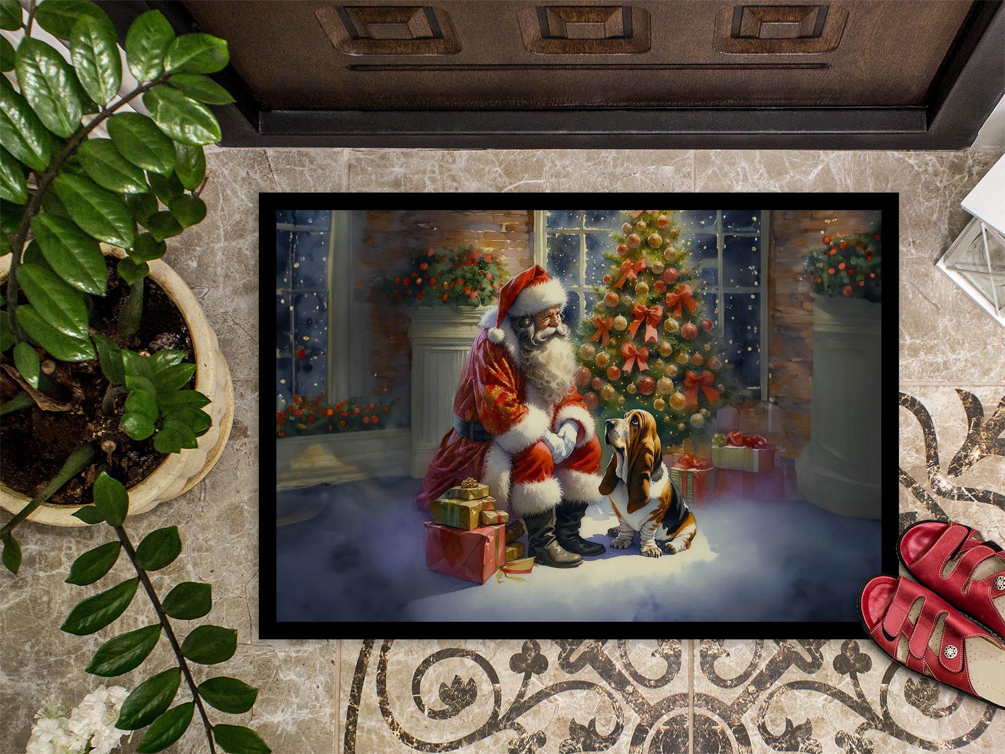 Basset Hound and Santa Claus Doormat
