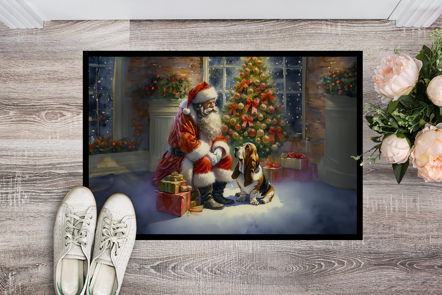 Basset Hound and Santa Claus Doormat
