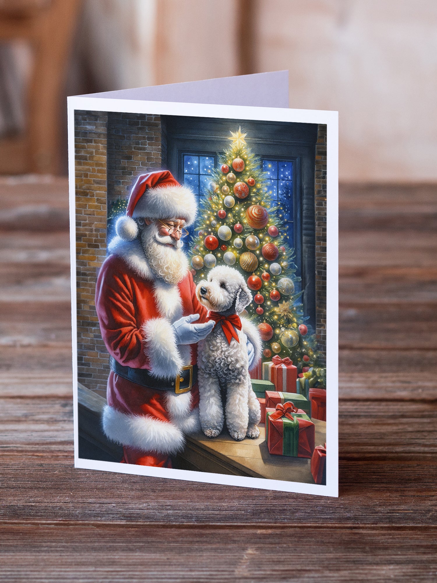 Bedlington Terrier and Santa Claus Greeting Cards Pack of 8
